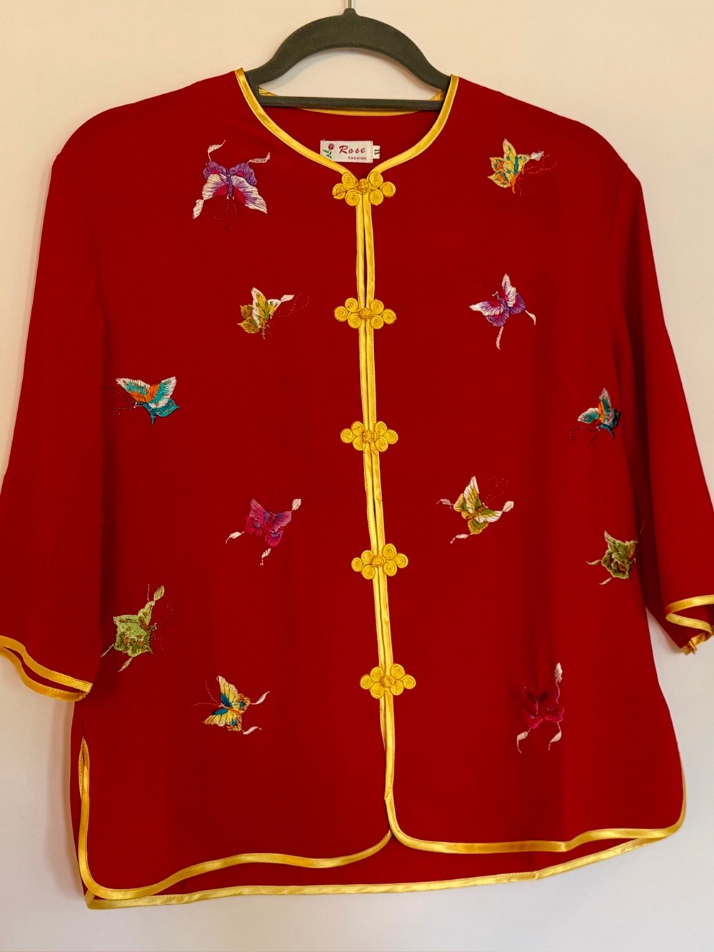 Red Asian style blouse Red embroidered butterflies